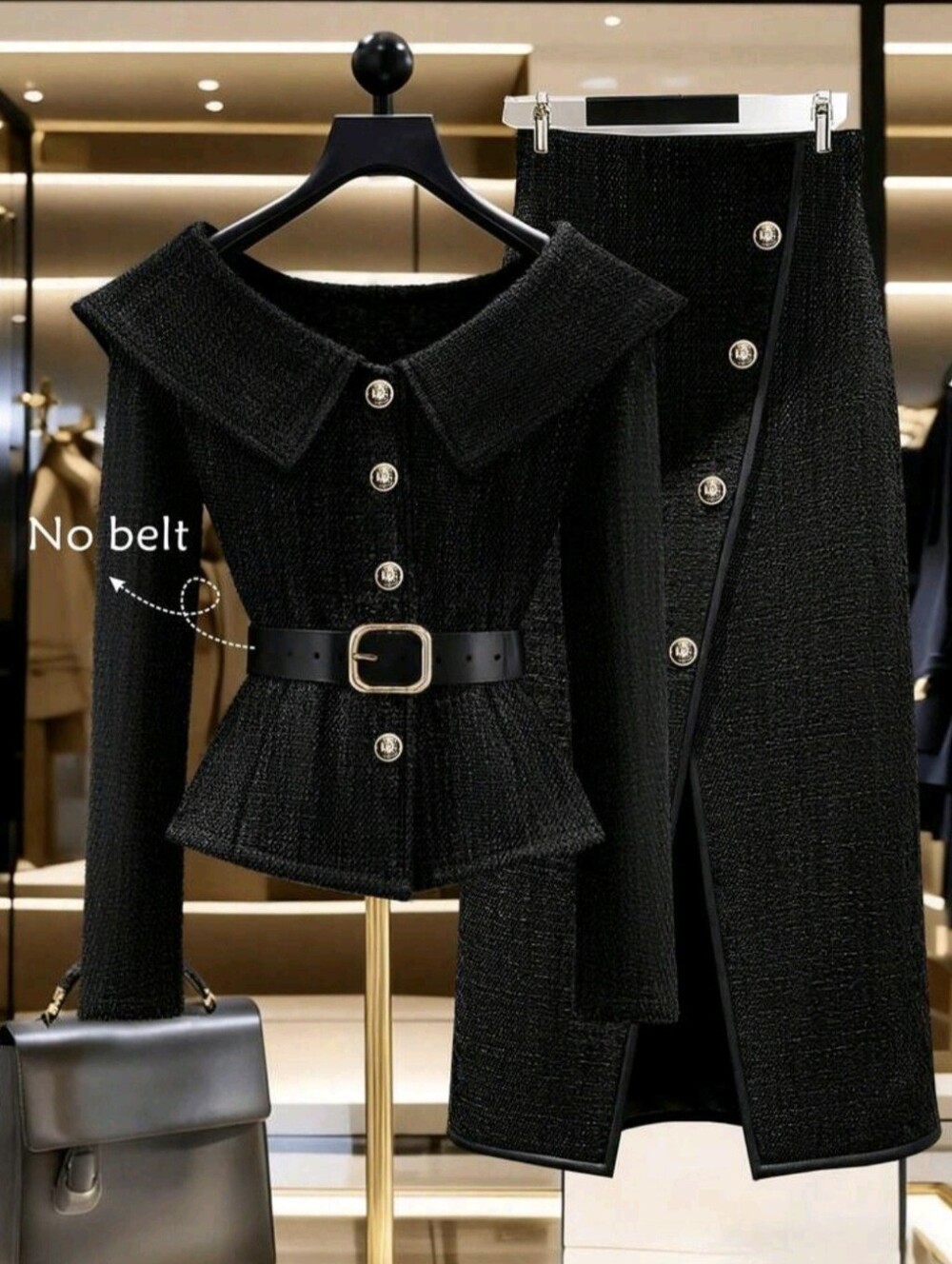 2pcs Set, One-Shoulder Collar, Fitted Silhouette; Asymmetric Side Slit, Metal